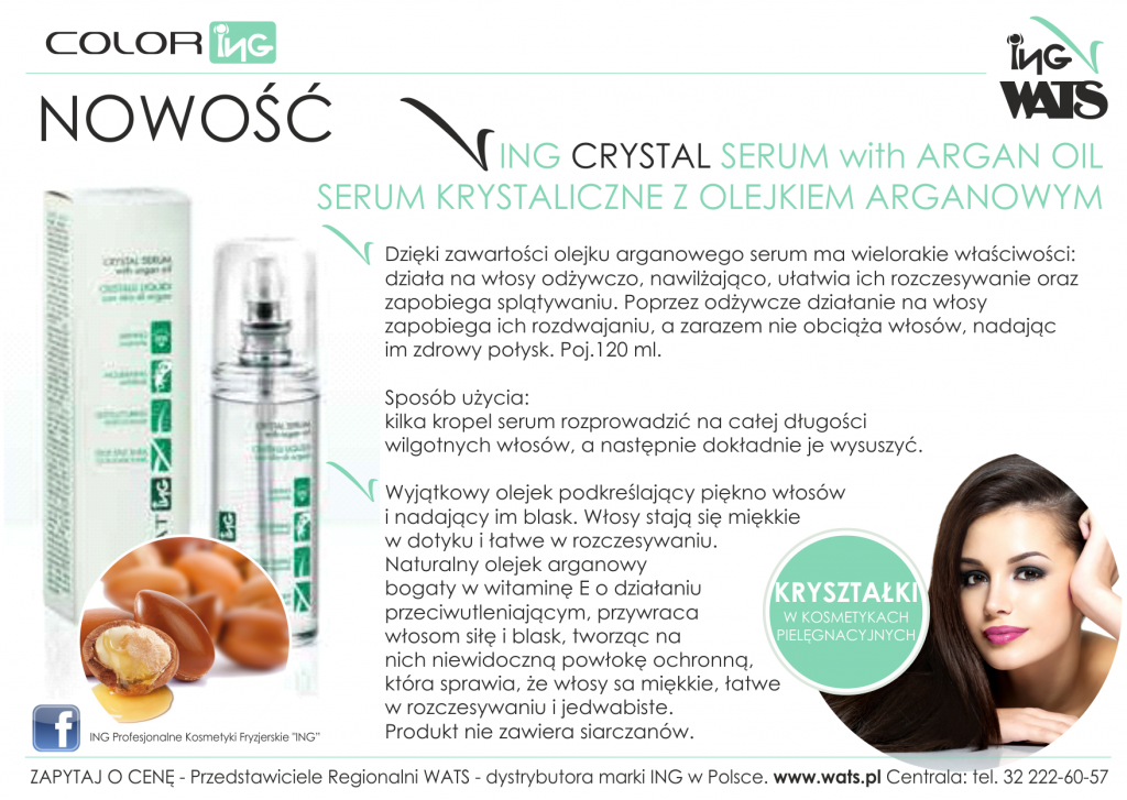 Kosmetyki do włosów ING serum arganowe crystal argan, kryształki do włosów ING